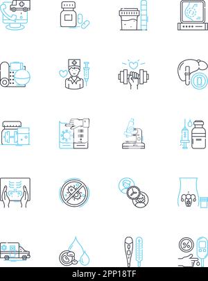 Medizinische Versorgung lineares Symbolset. Wellness, Behandlung, Ärzte, Krankenschwestern, Medizin, Diagnose, Präventionslinienvektor und Konzeptzeichen Stock Vektor