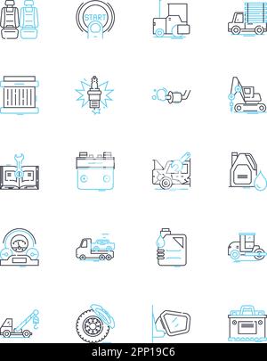 Lineare Symbole für Coupé festgelegt. Sportlich, Schlank, Aerodynamisch, Schnell, Elegant, Luxus-, Performance-Linienvektor- und Konzeptzeichen. Eleganz, Klassik, Kultcharakter Stock Vektor