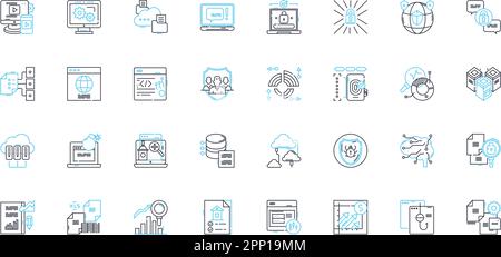Lineare Symbole für Nerk-Verschlüsselung eingestellt. Verschlüsselung, Sicherheit, Datenschutz, Kryptografie, Schutz, Cybersicherheit, Algorithmuslinienvektor und Konzeptzeichen Stock Vektor
