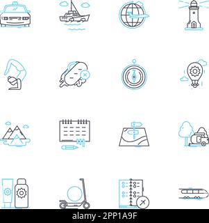 Angenehme lineare Symbole für Ausflüge gesetzt. Ruhe, Malerisch, Ruhig, Entspannt, Sayonara, Erkundung, Erfrischung von Linienvektor- und Konzeptschildern. Flucht Stock Vektor