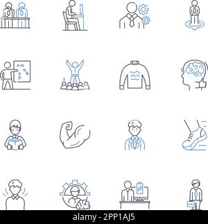 Symbolsammlung für ethische Geschäftslinien. Integrität, Rechenschaftspflicht, Transparenz, Verantwortung, Hsty, Fairness, Respekt, Vektor und lineare Darstellung Stock Vektor