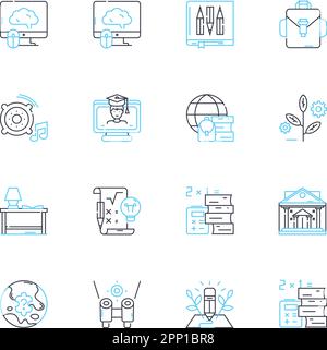 Linearer Symbolsatz für kognitiven Nutzen. Intelligenz, Gedächtnis, Fokus, Klarheit, Lernen, Wahrnehmungs-, Kognitionslinienvektor- und Konzeptzeichen. Vernunft Stock Vektor