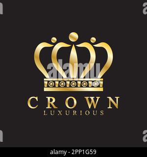 Goldene Kronensymbole. Queensize-Zimmer mit Kingsize-Bett, goldene Kronen, luxuriöses Logo-Design, Vektor auf schwarzem Hintergrund Stock Vektor