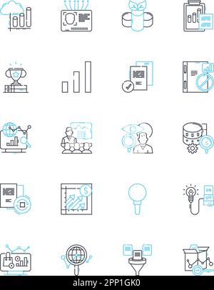 Lineare Symbole für Prüfung eingestellt. Evaluierung, Verifizierung, Audit, Bewertung, Tests, Analyse, Untersuchungslinienvektor und Konzeptzeichen. Überprüfung Stock Vektor