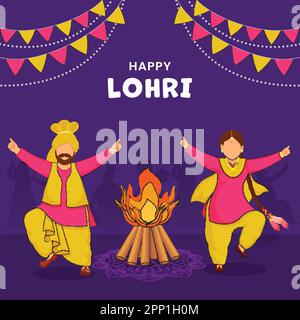 Happy Lohri Celebration Concept Mit Cartoon Punjabi Pärchen, Die Bhangra Dance, Bonfire Illustration Und Bunting Flags Auf Lilafarbenem Backg Darstellten Stock Vektor