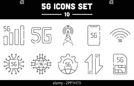 Symbol oder Symbolsatz für schwarze Linienart 5G. Stock Vektor