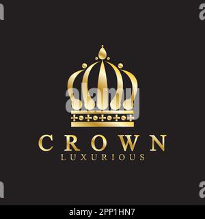 Goldene Kronensymbole. Queensize-Zimmer mit Kingsize-Bett, goldene Kronen, luxuriöses Logo-Design, Vektor auf schwarzem Hintergrund Stock Vektor