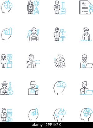 Lineare Symbole für Philosophie festgelegt. Epistemologie, Metaphysik, Ethik, Rationalismus, Empirie, Existentialismus, Idealismus, Linienvektor und Konzeptzeichen Stock Vektor