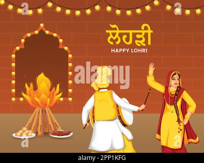 Happy Lohri Celebration Hintergrund Mit Bonfire, Süßtellern, Punjabi Woman Beim Bhangra Und Mann Beim Dhol (Drum). Stock Vektor