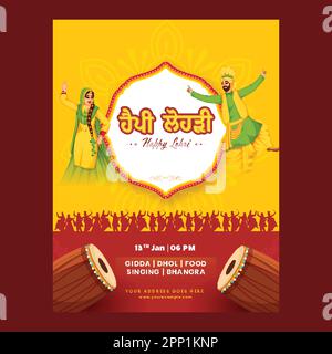 Happy Lohri Celebration Einladungskarte Mit Punjabi-Paar, Das Bhangra-Tanz Und Details Zum Veranstaltungsort In Gelb Und Rot Vorführt. Stock Vektor