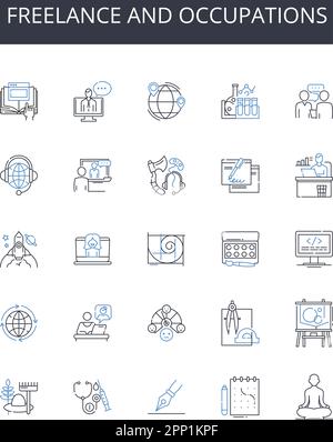 Kollektion mit Liniensymbolen für Freiberufler und Berufe. Selbstständig, Berater, Auftragnehmer, Unternehmer, unabhängig, Solopreneur, Gig Worker Vector und Stock Vektor