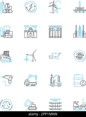 Steel Mill - Lineare Symbole festgelegt. Metallurgie, Hochöfen, Legierung, geschmolzen, Gießen, Schlacke, Rolllinienvektor und Konzeptzeichen. Wärmebehandlung, Temperierung Stock Vektor