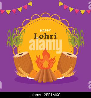 „Happy Lohri Celebration“-Posterdesign Mit Festival Elements Und Orangefarbenem Kreisförmigem Rahmen Auf Lila Hintergrund. Stock Vektor