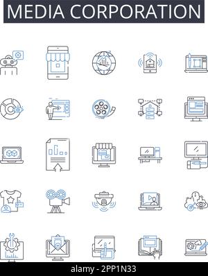 Symbolsammlung für Medienunternehmen. Presseabteilung, Nachrichtenagentur, Broadcast Nerk, Verlag, Kommunikationskonzern, Zeitschriftenverlag Stock Vektor