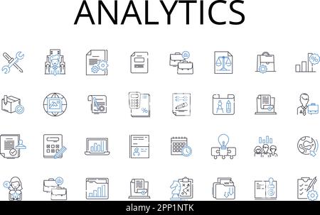 Sammlung der Zeilensymbole in Analytics. Data Mining, Informationsabruf, Business Intelligence, statistische Analyse, Leistungsüberwachung, Markt Stock Vektor