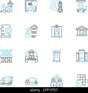 Lineare Symbole für Stadtplanung. Infrastruktur, Architektur, Zoning, Transport, Nachhaltigkeit, Dichte, Fußgängerschutzlinienvektor und Stock Vektor