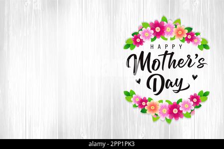 Happy Mothers Day handgeschriebene Schriftart und Blumenzweig auf Holzplanken mit Platz für Text. Muttertagskonzept mit Schriftzug, Blüten und Herz Stock Vektor