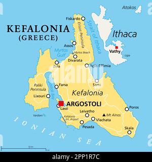 Kefalonia, griechische Insel, politische Karte. Auch bekannt als Cephalonia, Kefallinia oder Kephallenia, die größte Ionische Insel im Westen Griechenlands. Stockfoto