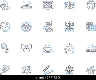 Kollektion mit Symbolen für die Zeremonie. Ritual, Feier, Formalität, Ehrlichkeit, Gedenken, Tradition, Rite-Vektor und lineare Darstellung. Einhaltung Stock Vektor