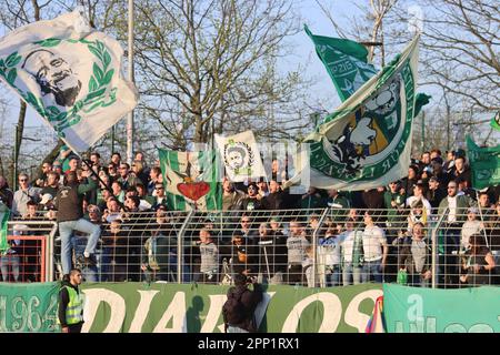 Berlin, Deutschland, 21. April 2023. Chemie-Leipzig-Fans während des Spiels Tennis Borussia Berlin gegen BSG Chemie Leipzig, Regionalliga Nordost, Runde 29. Kredit: Fabideciria. Stockfoto