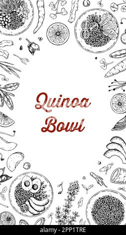 Hintergrund der Quinoa-Schüssel. Handgezeichnete Vektordarstellung im Skizzenstil. Restaurant-Menü-Design Stock Vektor