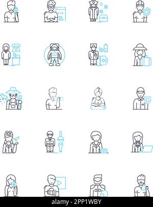 Lineare Symbole für Positionen festgelegt. Buchhalter, Administrator, Analyst, Architekt, Künstler, Sportler, Anwaltslinie, Vektor- und Konzeptzeichen. Baker, Barber Stock Vektor