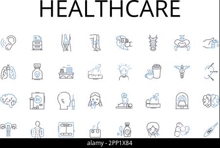 Symbolsammlung für medizinische Leitungen. Medizinische Dienstleistungen, Gesundheitsdienstleistungen, Klinische Versorgung, Behandlungsoptionen, Gesundheitsmanagement, Wellnessprogramme Stock Vektor