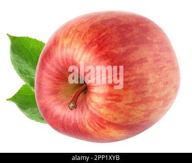 Isolierter Apfel. Ganze rote Apfelfrucht mit weißen Blättern, mit Schnittpfad Stockfoto