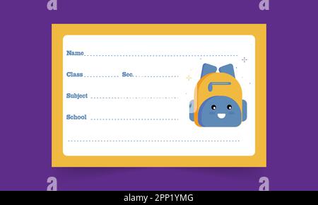 Cartoon-Gesicht Rucksack Schule Notizbuch-Label Oder Namensschild Vor Violettem Hintergrund. Stock Vektor