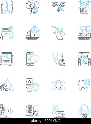 Medizinische Behandlung Lineare Symbole gesetzt. Diagnose, Therapie, Medizin, Chirurgie, Chemotherapie, Strahlentherapie, Dilatationslinienvektor und Konzeptzeichen Stock Vektor