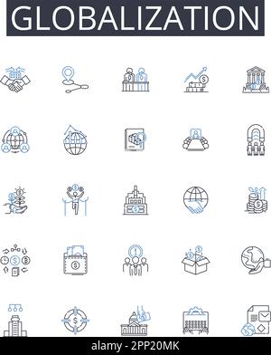 Symbolsammlung für Globalisierungslinien. Urbanisierung, Digitalisierung, Modernisierung, Kommerzialisierung, Industrialisierung, Internationalisierung Stock Vektor