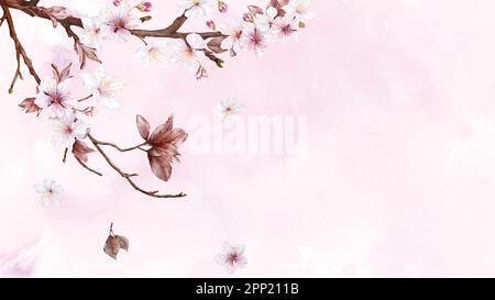 Aquarellkunst mit Kirschblütenzweig und rosafarbener Sakurblüte auf fleckigem Hintergrund. Geeignet für dekorative Banner, Einladungen, Poster oder Karten. Stock Vektor