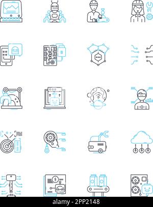 Lineare Symbole für Mechatronik-Systeme festgelegt. Robotik, Sensoren, Automatisierung, Steuerung, Aktoren, Elektromechanisch, künstliche Intelligenz Linienvektor und Stock Vektor