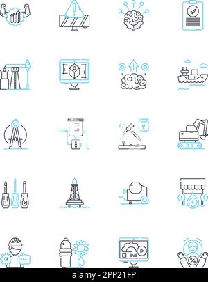 Lineare Symbole für Umwelttechnik festgelegt. Nachhaltigkeit, Umweltverschmutzung, Erneuerbare Energien, Erhaltung, Ökosysteme, Klima, Vektor und Konzept erneuerbarer Linien Stock Vektor