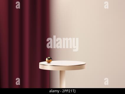 3D realistische, moderne, luxuriöse, goldene runde Tische oder Podiumdekoration mit goldenen Kugeln und roten Vorhängen auf beigefarbenem Hintergrund. Sie können für verwenden Stock Vektor