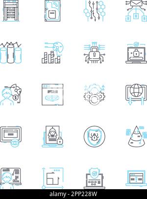 Lineare Symbole für Computerprogrammierung eingestellt. Codierung, Debugging, Algorithmen, Syntax, Funktionen, Variablen, Debugging von Linienvektoren und Konzeptzeichen. Objekt Stock Vektor