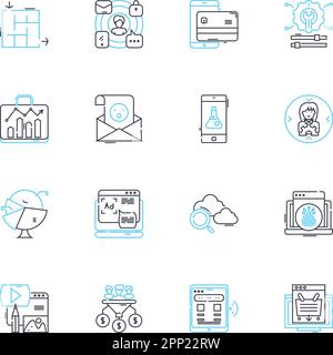 Lineare Symbole für Pay-per-Click. Werbung, Verkehr, Gebote, Conversion, Klicks, ROI, Werbekampagnen Linienvektor und Konzeptschilder. Schlüsselwörter,Budget Stock Vektor