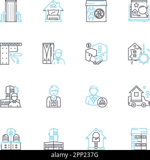 Lineare Symbole für Gehäuse eingestellt. Haus, Unterkunft, Wohnsitz, Wohnung, Unterkunft, Lebensraum, Wohnungslinienvektor und Konzeptzeichen. Hotel, Unterkunft, Apartment Stock Vektor