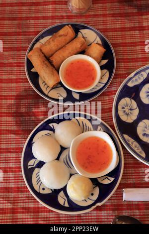 Eine farbenfrohe Auswahl asiatischer Gerichte, einschließlich Vorspeisen, die auf verschiedenen Tellern serviert werden Stockfoto