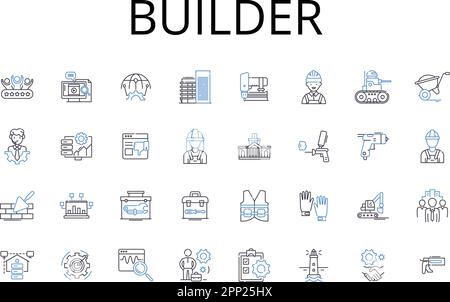 Symbolsammlung für Builder-Zeilen. Architekt, Baumeister, Auftragnehmer, Handwerker, Hersteller, Hersteller, Producer-Vektor und lineare Darstellung Stock Vektor