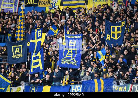 Verona, Italien. 21. April 2023. Marcantonio Bentegodi Stadium, Verona, Italien, 21. April 2023, Fans des Hellas Verona FC während des Spiels Hellas Verona FC gegen Bologna FC – italienischer Fußball Serie A Credit: Live Media Publishing Group/Alamy Live News Stockfoto