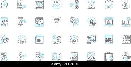 Lineare Symbole für Markenberater. Strategie, Branding, Positionierung, Differenzierung, Identität, Messaging, Research Line Vector und Concept Signs Stock Vektor