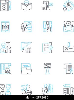 Lineare Symbole für Planer festgelegt. Organisation, Zeitmanagement, Produktivität, Zeitplan, Agenda, Aufgabenplanung, Zielsetzungs-Linienvektor und Konzeptzeichen Stock Vektor