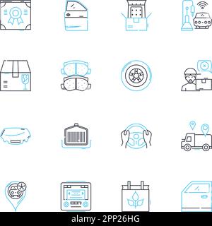 Lineare Symbole für Busse festgelegt. Transport, Pendelverkehr, Reisen, Öffentlich, Transit, Route, Passagierlinienvektor und Konzeptzeichen. Fahrer, Fahrplan, Fahrpreis Stock Vektor