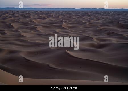 Wüstenlandschaft der Erg Chegaga Dünen bei Sonnenuntergang. Stockfoto