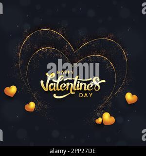 Schriftart Golden Happy Valentine's Day mit glänzenden Herzballons auf Lichtern Effekt Schwarzer Hintergrund. Stock Vektor
