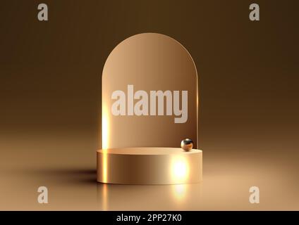 3D realistische, moderne, luxuriöse Dekoration in goldenem Podium mit goldenen Kugeln auf braunem Hintergrund. Sie können für Präsentationsmodelle zur Produktpräsentation verwenden, BE Stock Vektor