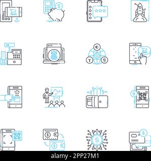 Lineare Symbole für elektronische Übertragung eingestellt. Überweisung, Elektronisch, Zahlung, Transaktion, Bank, Geldmittel, Leitungsvektor und Konzeptzeichen. E-Transfer, Digital Stock Vektor