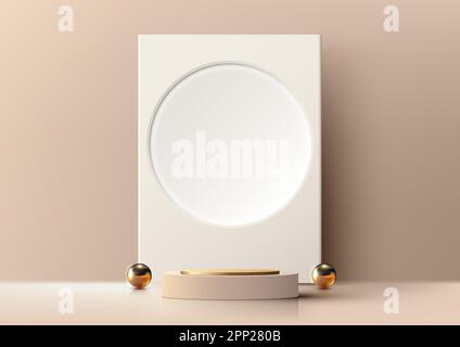 3D realistische, moderne und luxuriöse Dekoration in leerem Beige und goldenem Podium mit weißem kreisförmigem Hintergrund und goldenen Kugeln auf braunem Hintergrund. Sie können f verwenden Stock Vektor