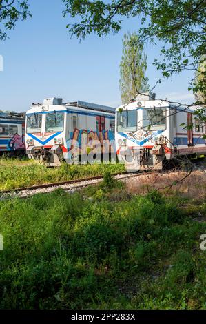 Alte Züge im alten offenen Bahndepot am historischen Bahnhof Haydarpasha aus der osmanischen Zeit in Istanbul Stockfoto